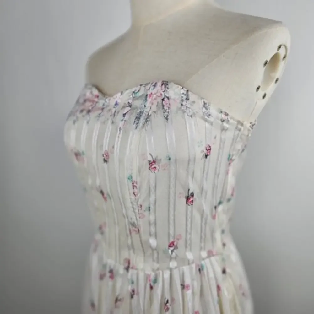 Vintage 50s Strapless Fit & Flare Chiffon Stripe Midi Dress S? 4? Ivory Pink - Picture 2 of 12